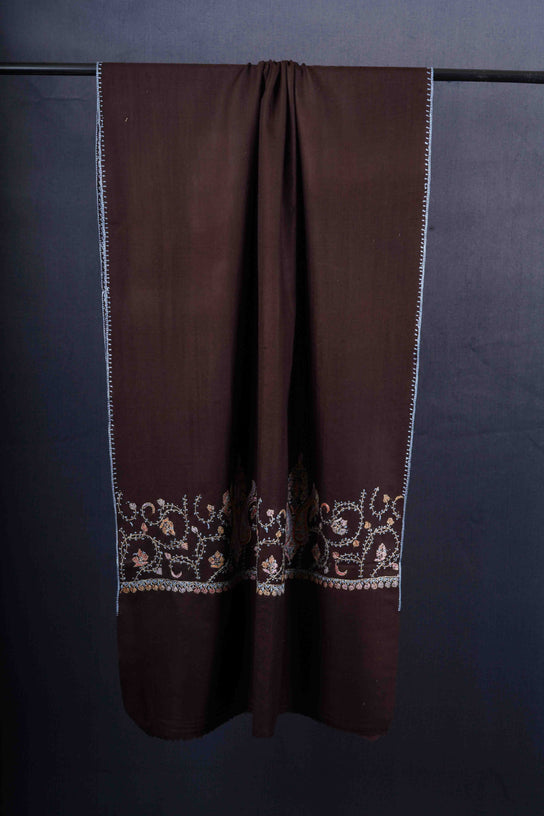 Brown Big Border Sozni Embroidery Merino Wool Scarf
