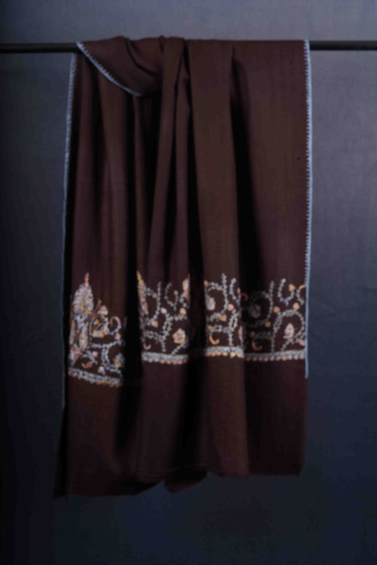 Brown Big Border Sozni Embroidery Merino Wool Scarf
