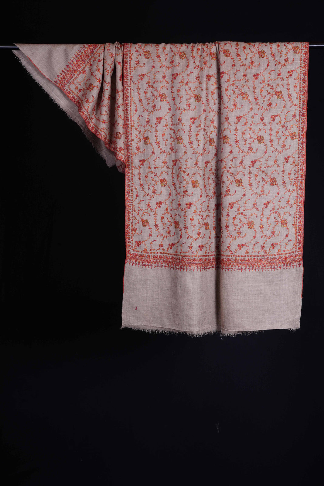 Un Dyed Natural Base Jali Orange Embroidery Cashmere Pashmina Shawl