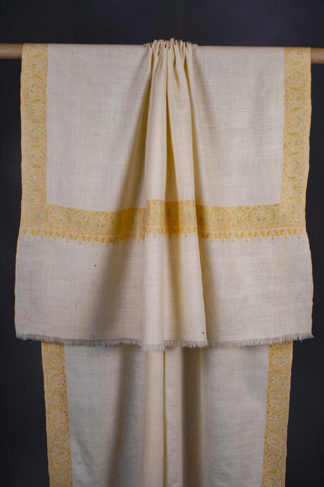 Cream Base Big Border Embroidery Cashmere Pashmina Shawl