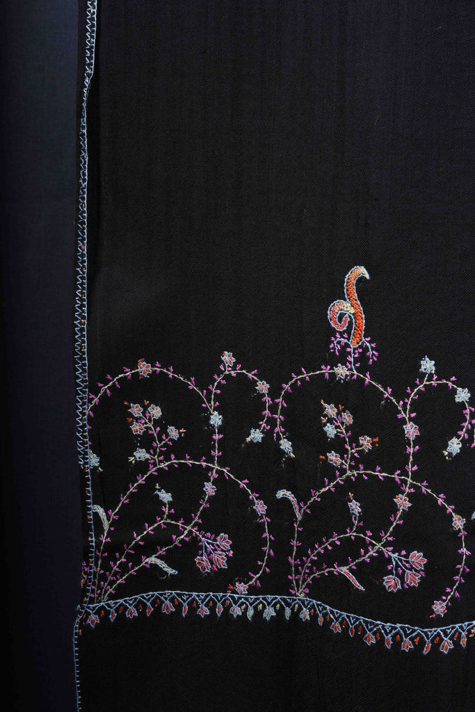 Black Base Big Border Green Sozni Embroidery Merino Wool Scarf