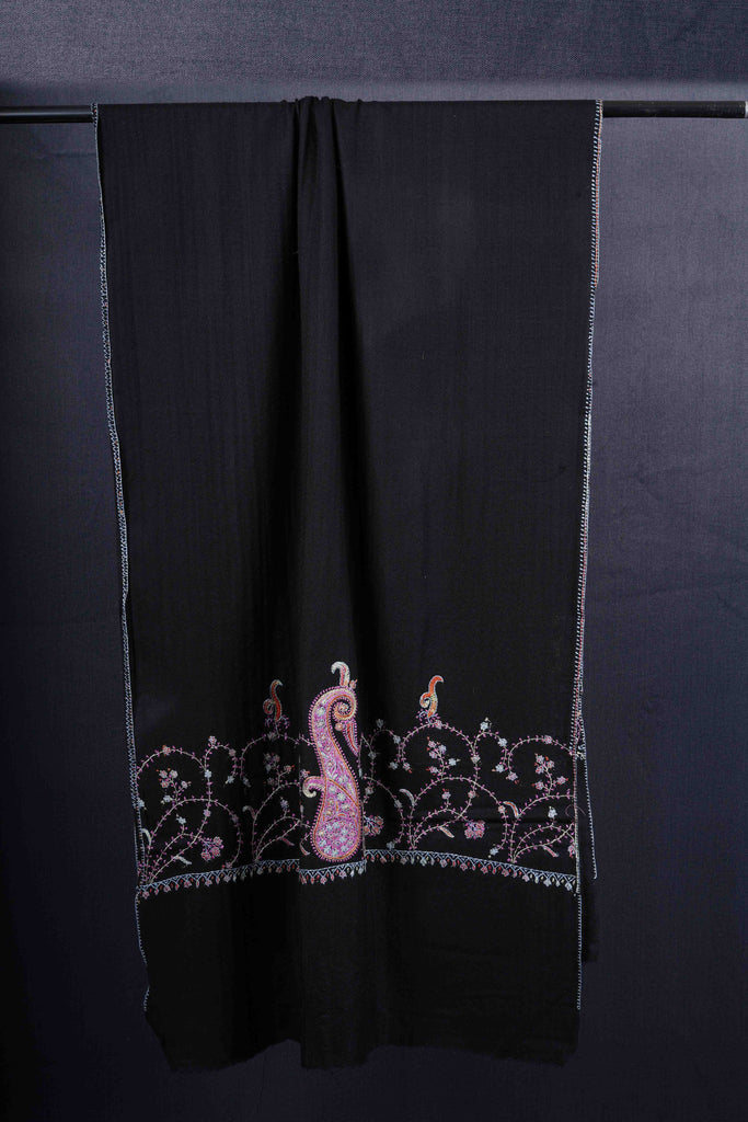 Black Base Big Border Green Sozni Embroidery Merino Wool Scarf