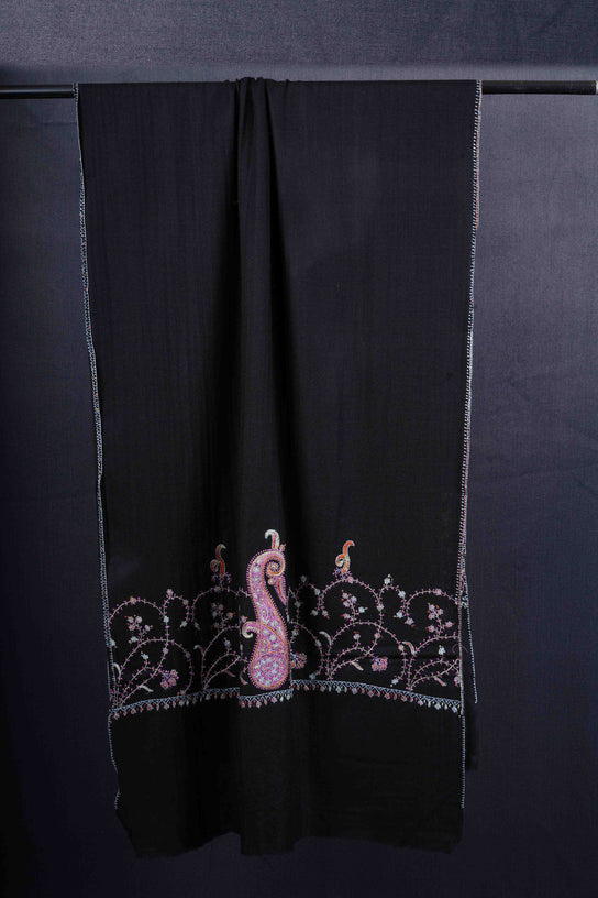 Black Base Big Border Green Sozni Embroidery Merino Wool Scarf