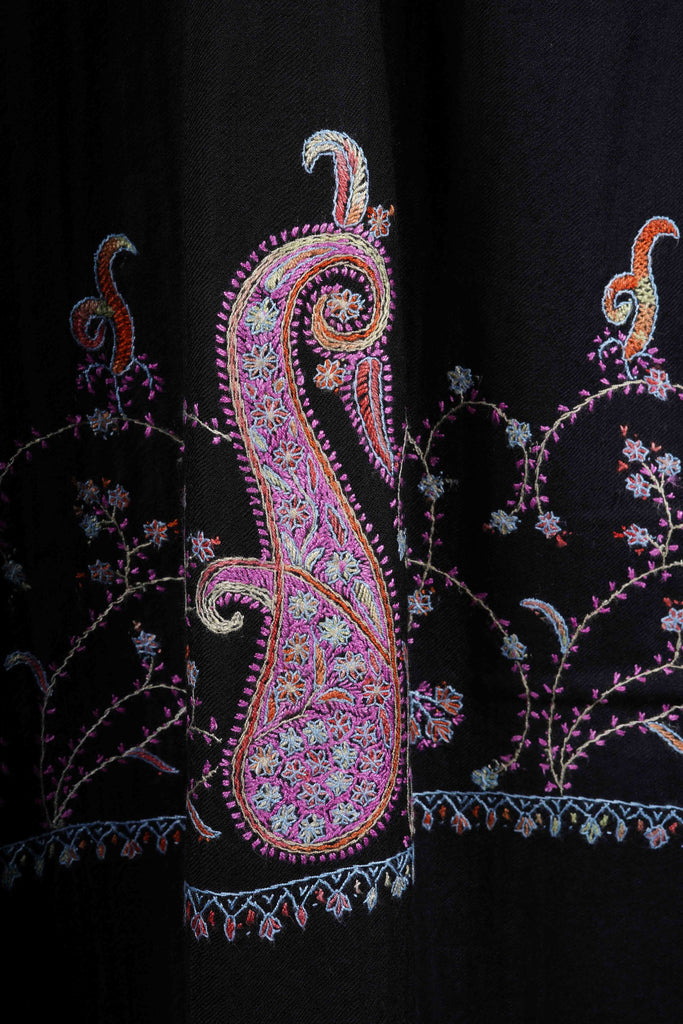 Black Base Big Border Green Sozni Embroidery Merino Wool Scarf