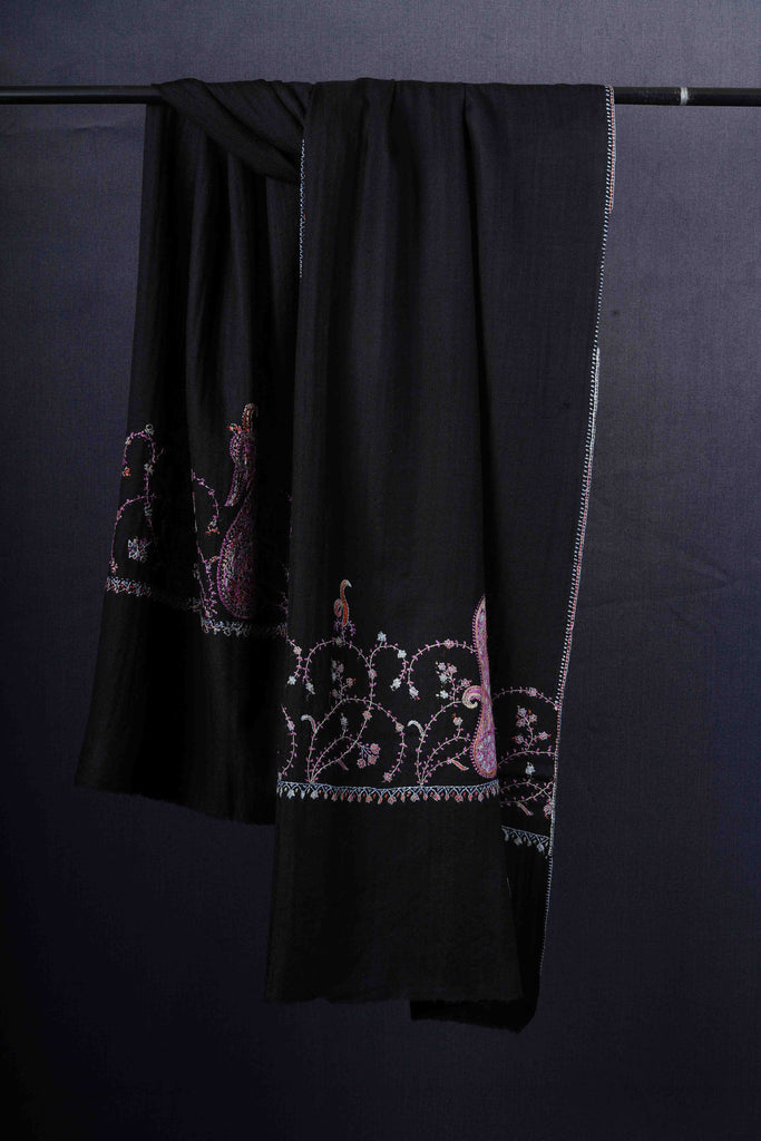 Black Base Big Border Green Sozni Embroidery Merino Wool Scarf