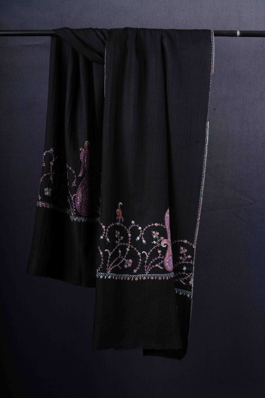 Black Base Big Border Green Sozni Embroidery Merino Wool Scarf