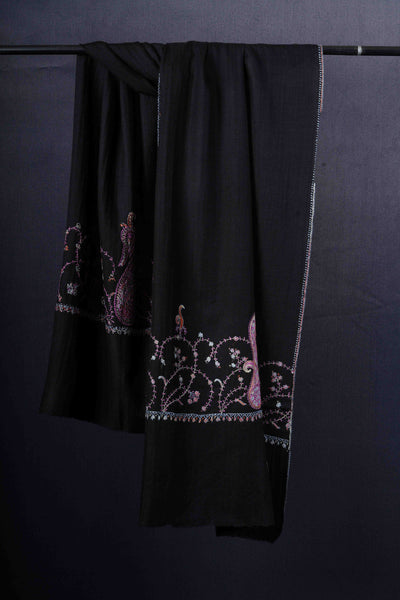 Black Base Big Border Green Sozni Embroidery Merino Wool Scarf