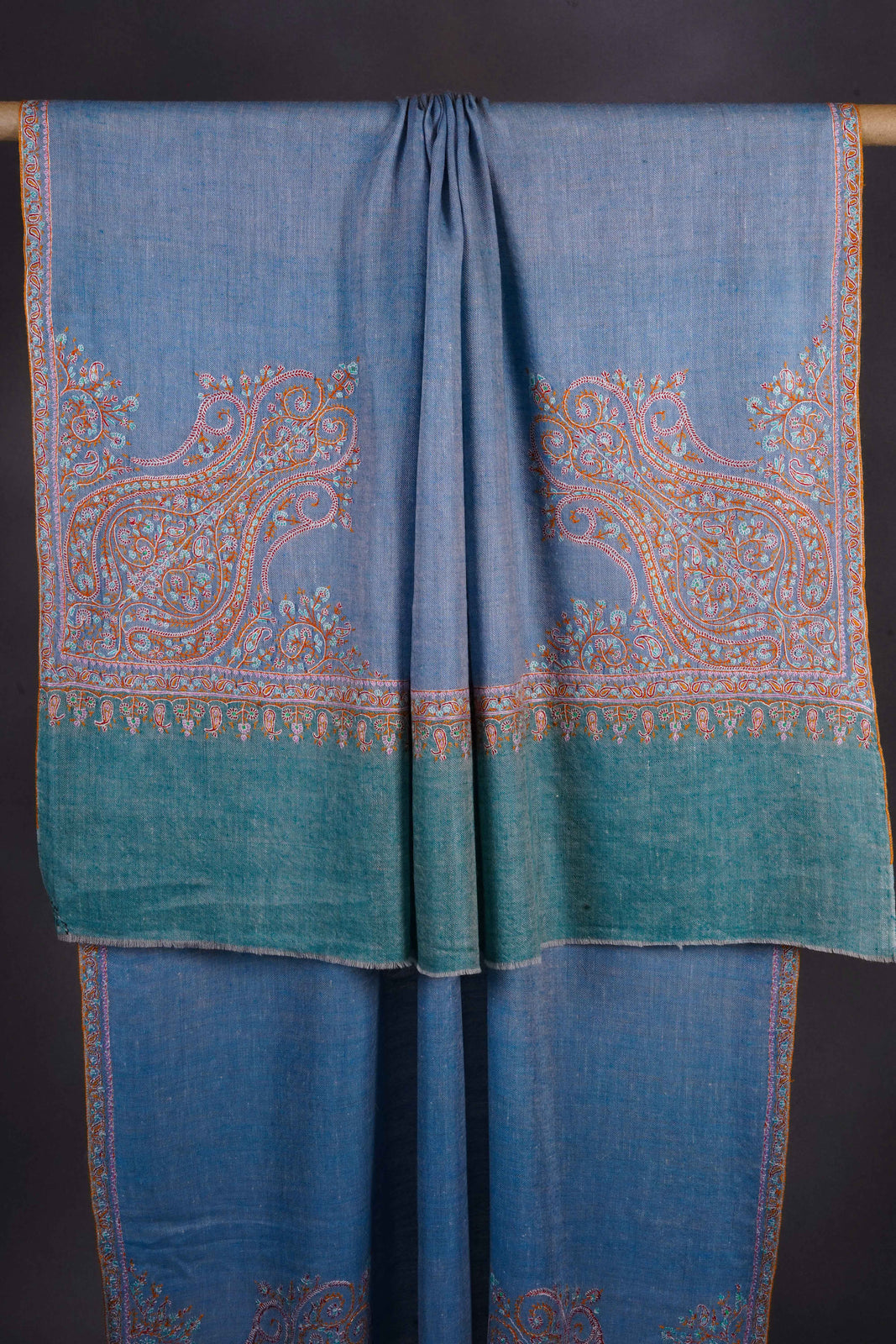 Blue Base Cone Motif Embroidery Cashmere Pashmina Shawl