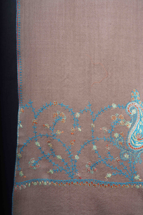 Natural Base Big Border Sozni Embroidery Merino Wool Scarf