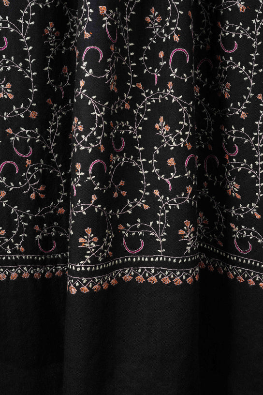 Black Base Jali Sozni Embroidery Merino Wool Scarf