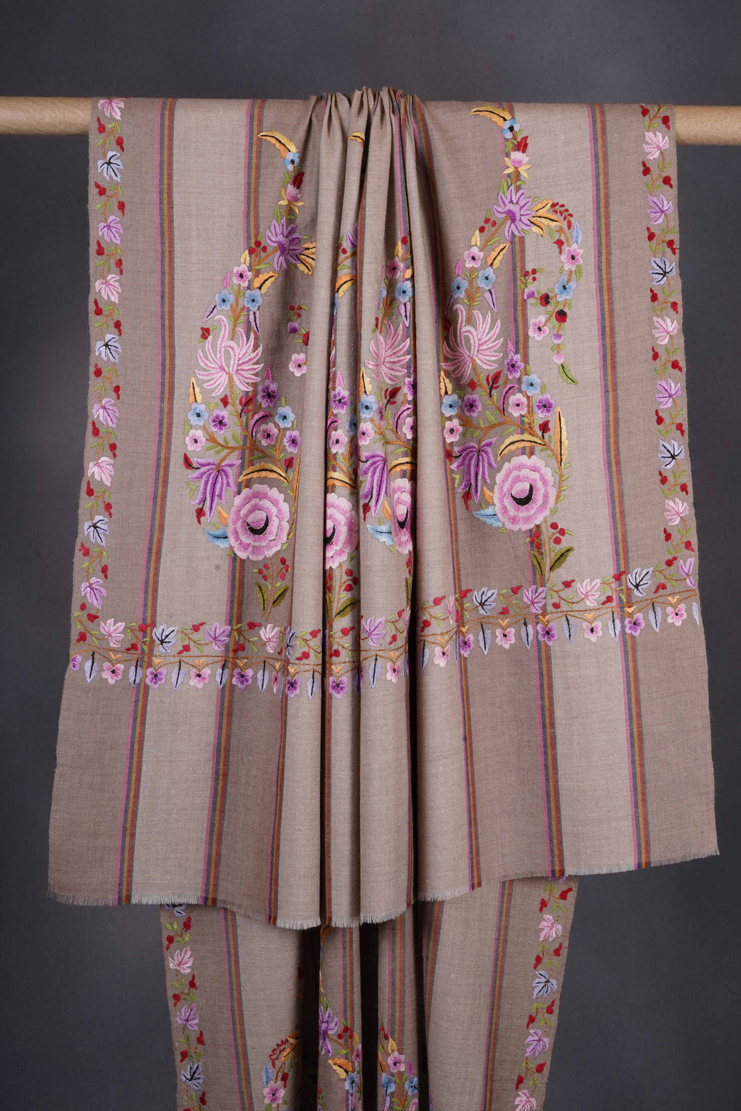 Striped Base Embroidery Cashmere Pashmina Shawl