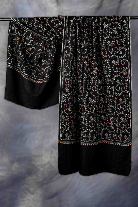 Black Base Jali Sozni Embroidery Merino Wool Scarf