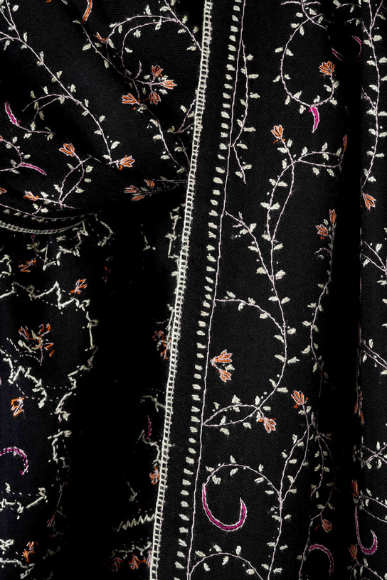 Black Base Jali Sozni Embroidery Merino Wool Scarf