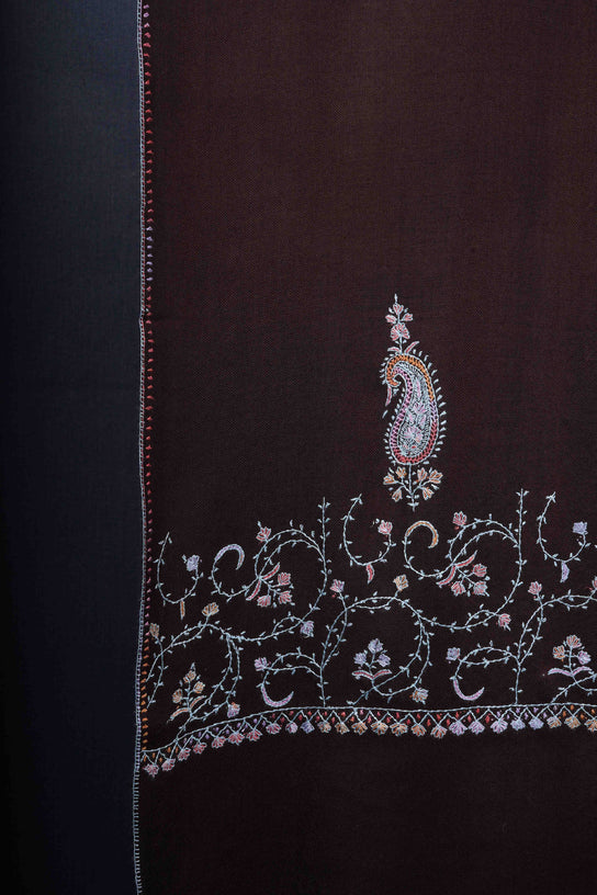 Brown Big Border Sozni Embroidery Merino Wool Scarf