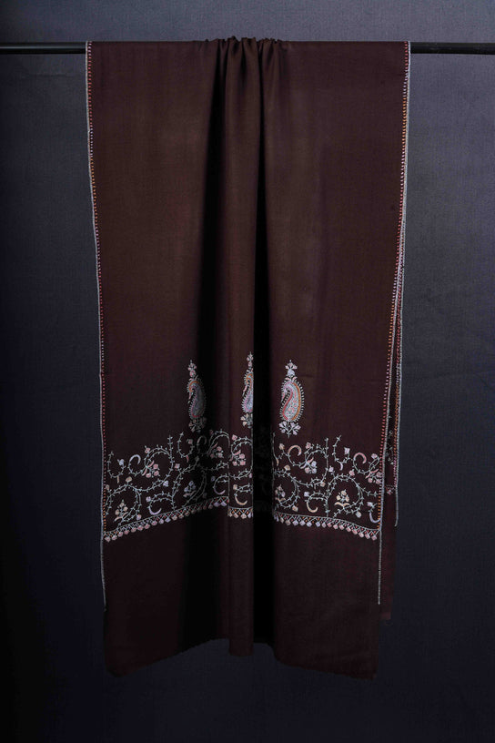 Brown Big Border Sozni Embroidery Merino Wool Scarf