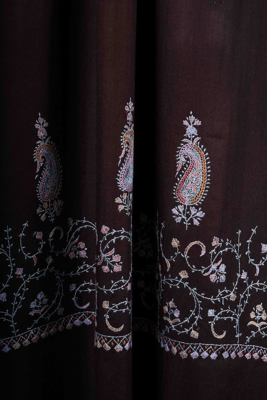 Brown Big Border Sozni Embroidery Merino Wool Scarf