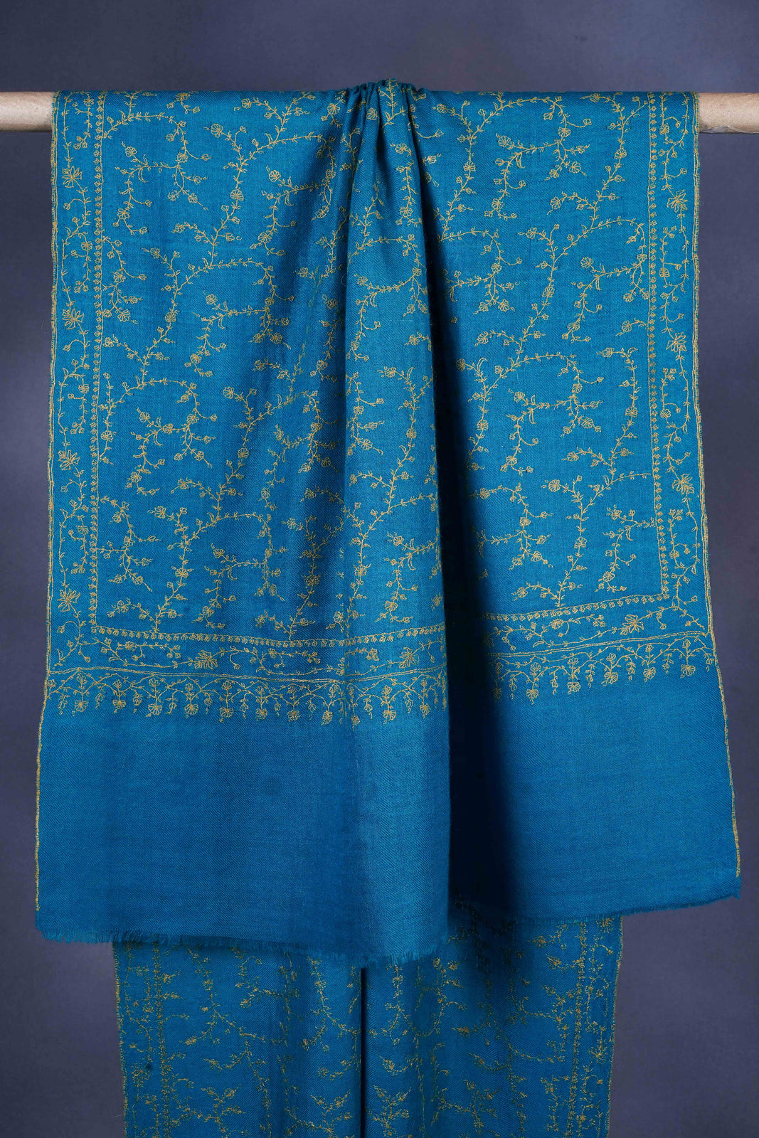 Turquoise Jali Embroidery Cashmere Pashmina Scarf