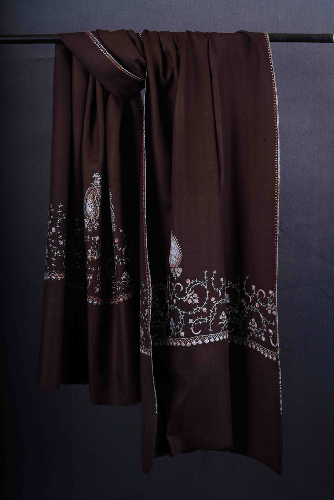 Brown Big Border Sozni Embroidery Merino Wool Scarf