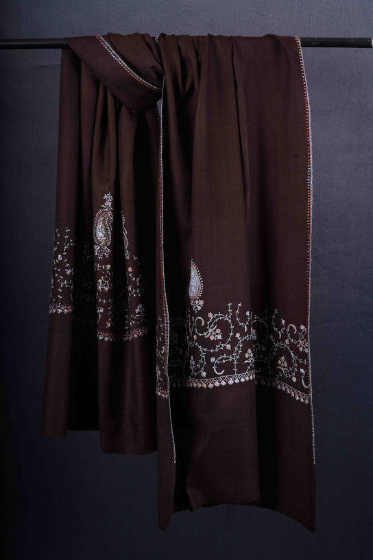 Brown Big Border Sozni Embroidery Merino Wool Scarf