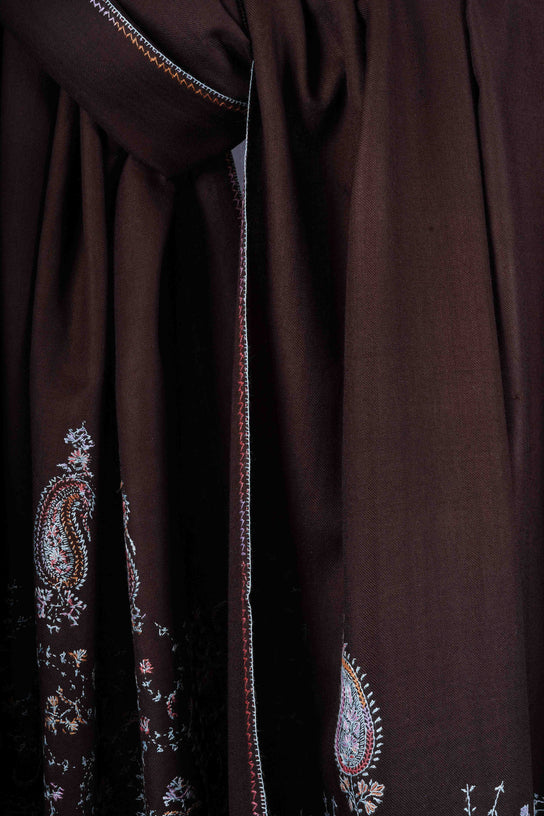 Brown Big Border Sozni Embroidery Merino Wool Scarf