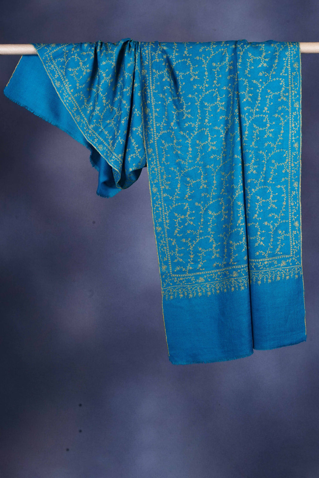 Turquoise Jali Embroidery Cashmere Pashmina Scarf