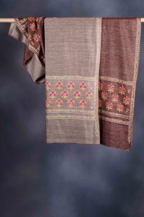 Brown Reversible Big Border Embroidery Cashmere Pashmina Shawl