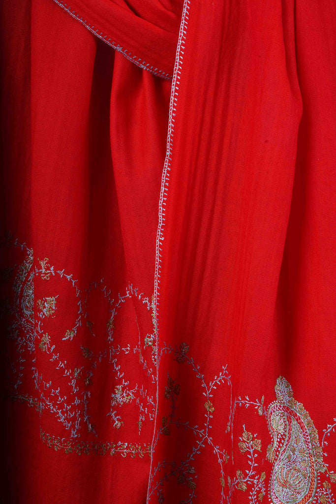 Red Base Big Border Sozni Embroidery Merino Wool Scarf