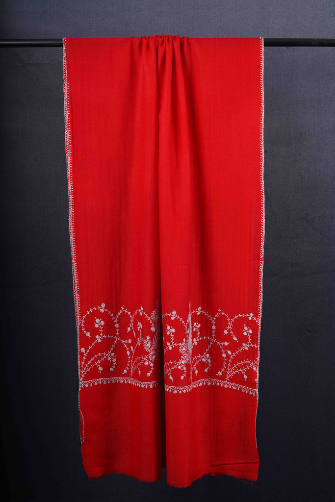 Red Base Big Border Sozni Embroidery Merino Wool Scarf