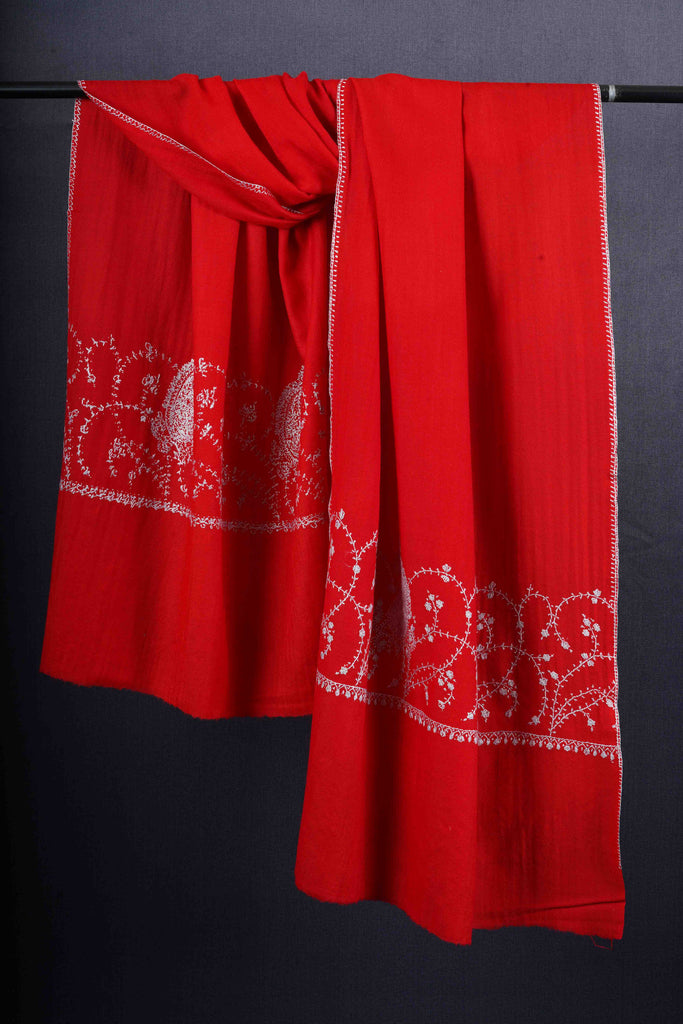 Red Base Big Border Sozni Embroidery Merino Wool Scarf