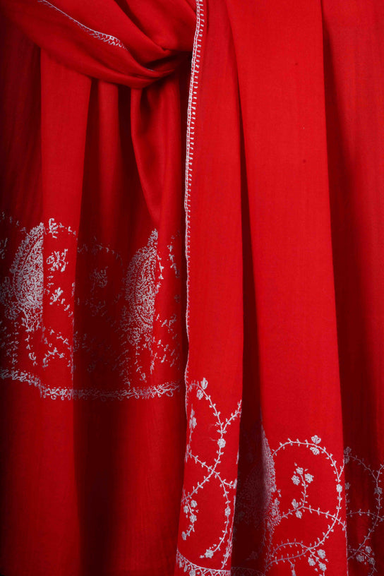 Red Base Big Border Sozni Embroidery Merino Wool Scarf