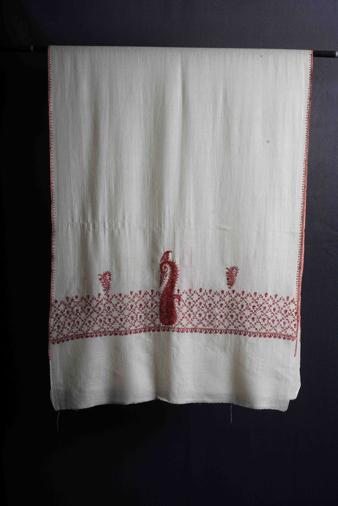 Ivory Big Border Sozni Embroidery Merino Wool Scarf