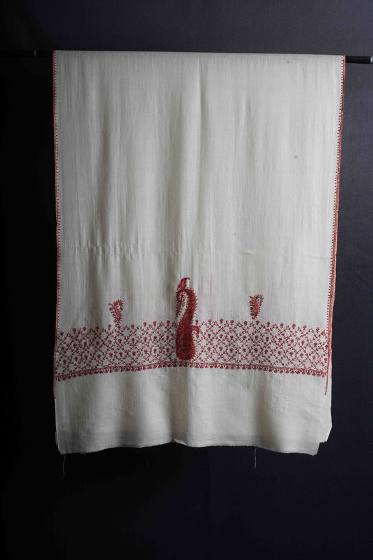 Ivory Big Border Sozni Embroidery Merino Wool Scarf