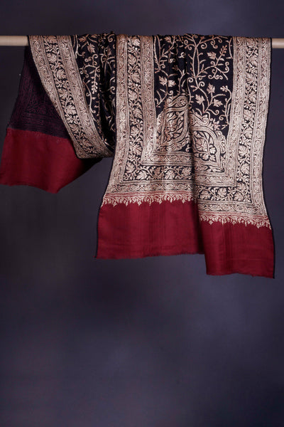 Black with Maroon Border Tilla Embroidery Pashmina Shawl