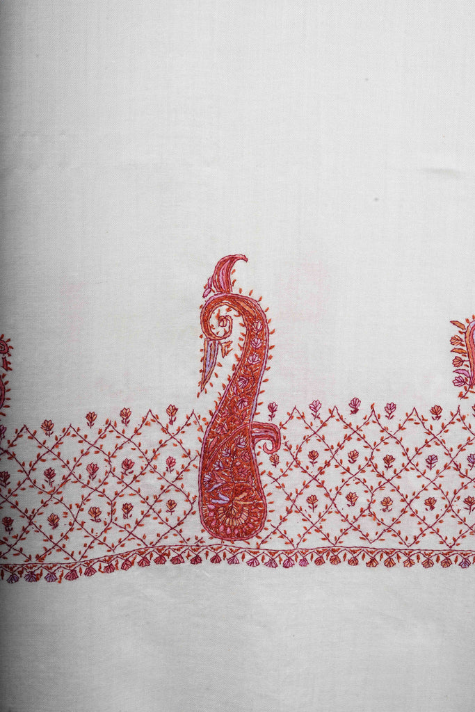 Ivory Big Border Sozni Embroidery Merino Wool Scarf