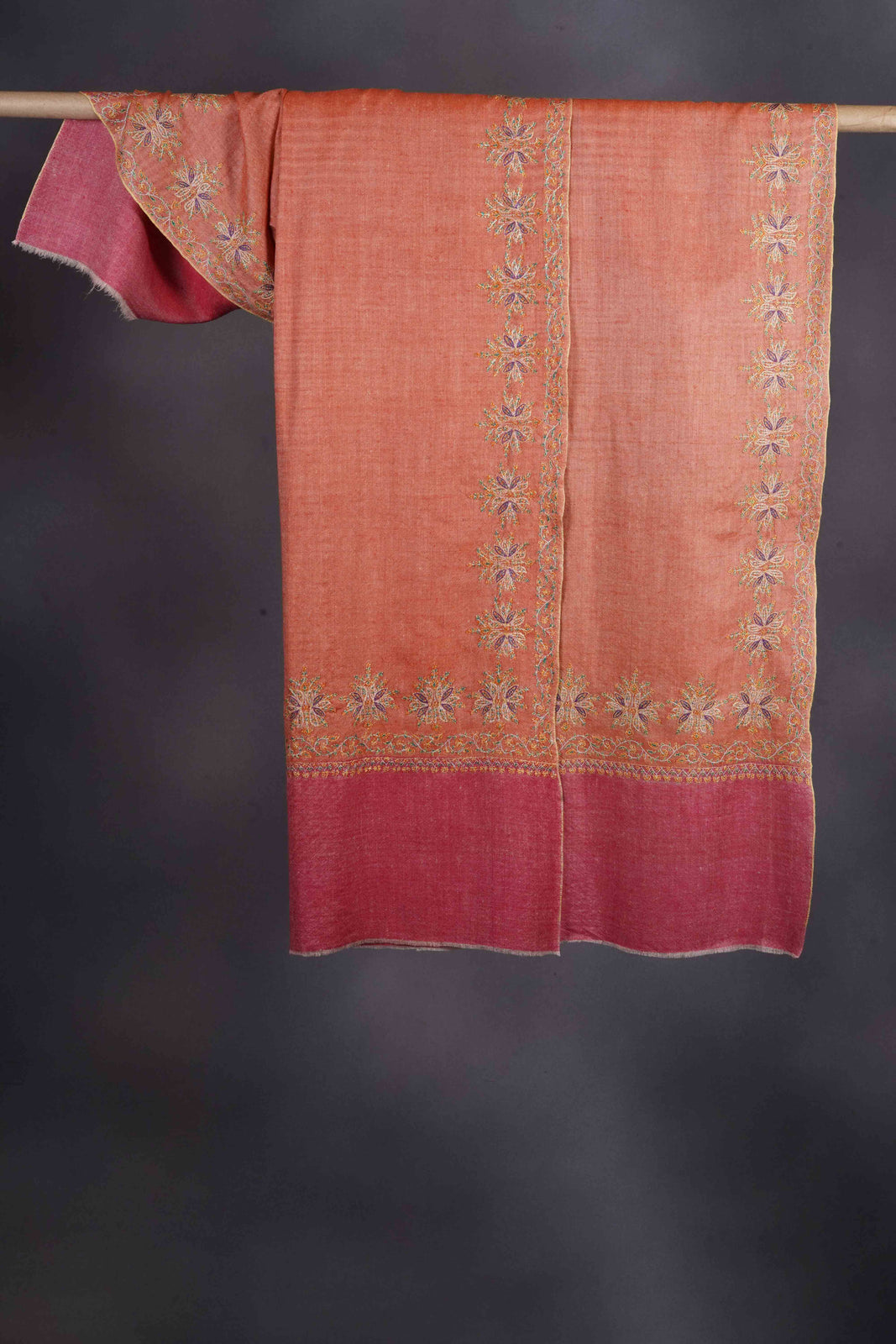 Pink and Brick Red Border Embroidery Cashmere Pashmina Shawl