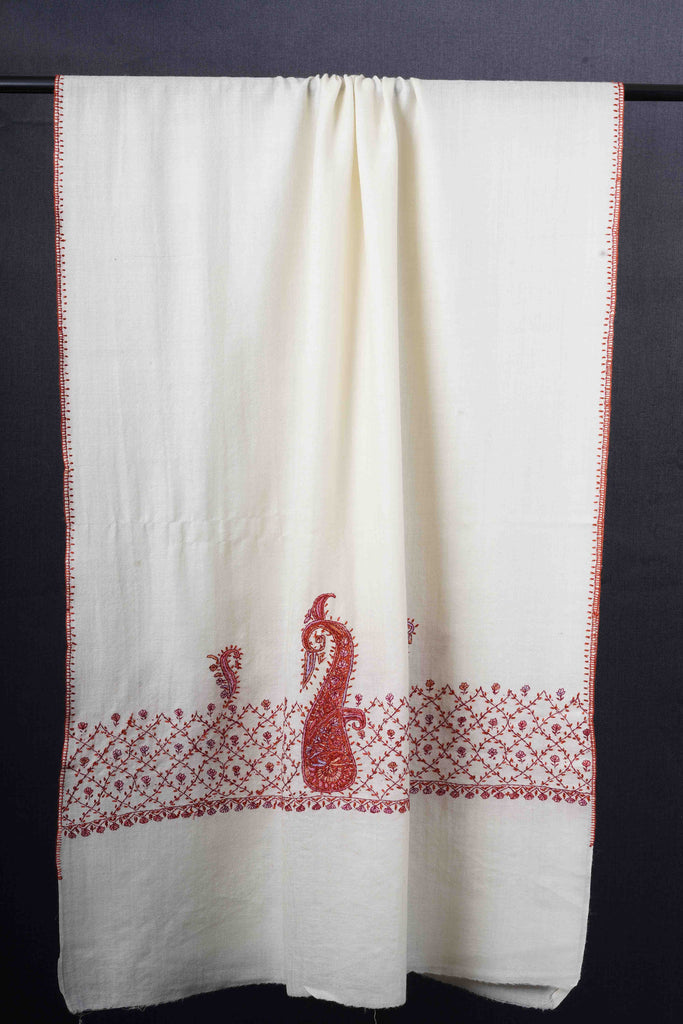 Ivory Big Border Sozni Embroidery Merino Wool Scarf