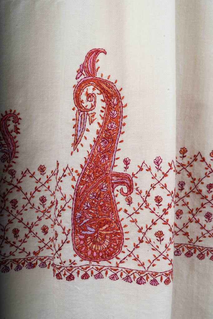 Ivory Big Border Sozni Embroidery Merino Wool Scarf