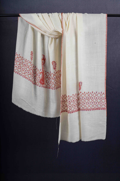 Ivory Big Border Sozni Embroidery Merino Wool Scarf