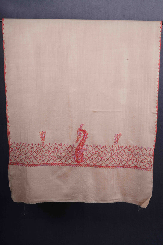 Natural Brown Base Big Border Sozni Embroidery Merino Wool Scarf