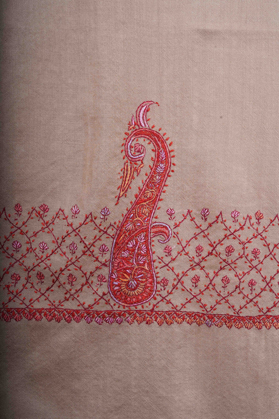 Natural Brown Base Big Border Sozni Embroidery Merino Wool Scarf
