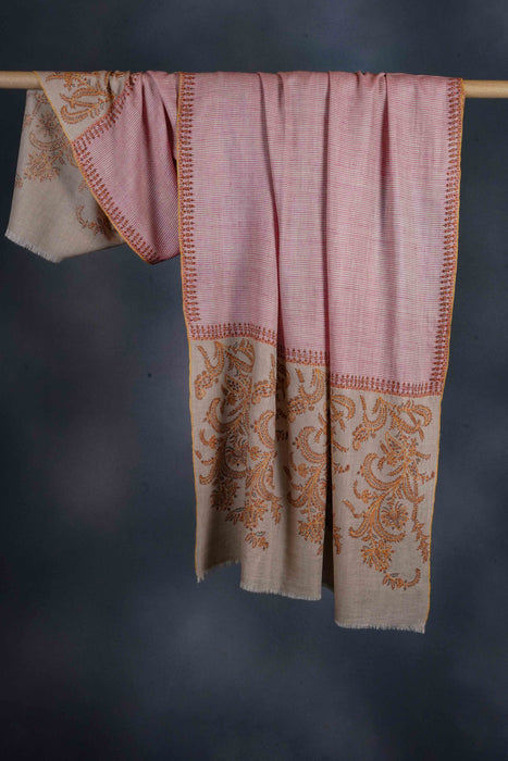 Pink and Natural Khadi Border Embroidery Cashmere Pashmina Shawl