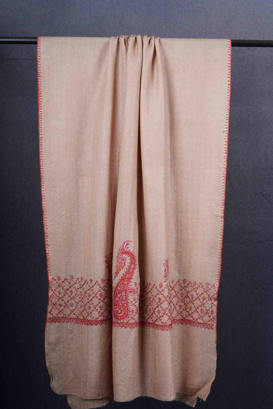 Natural Brown Base Big Border Sozni Embroidery Merino Wool Scarf