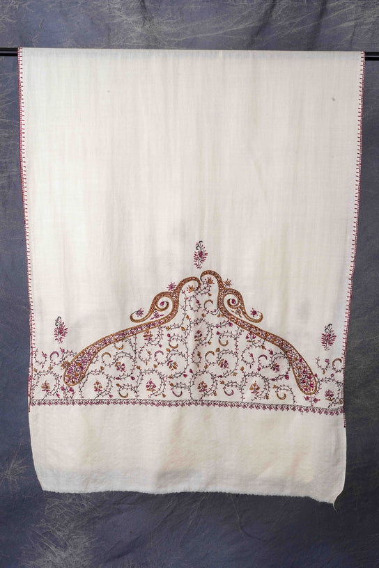 Ivory Base Big Border Sozni Embroidery Merino Wool Scarf