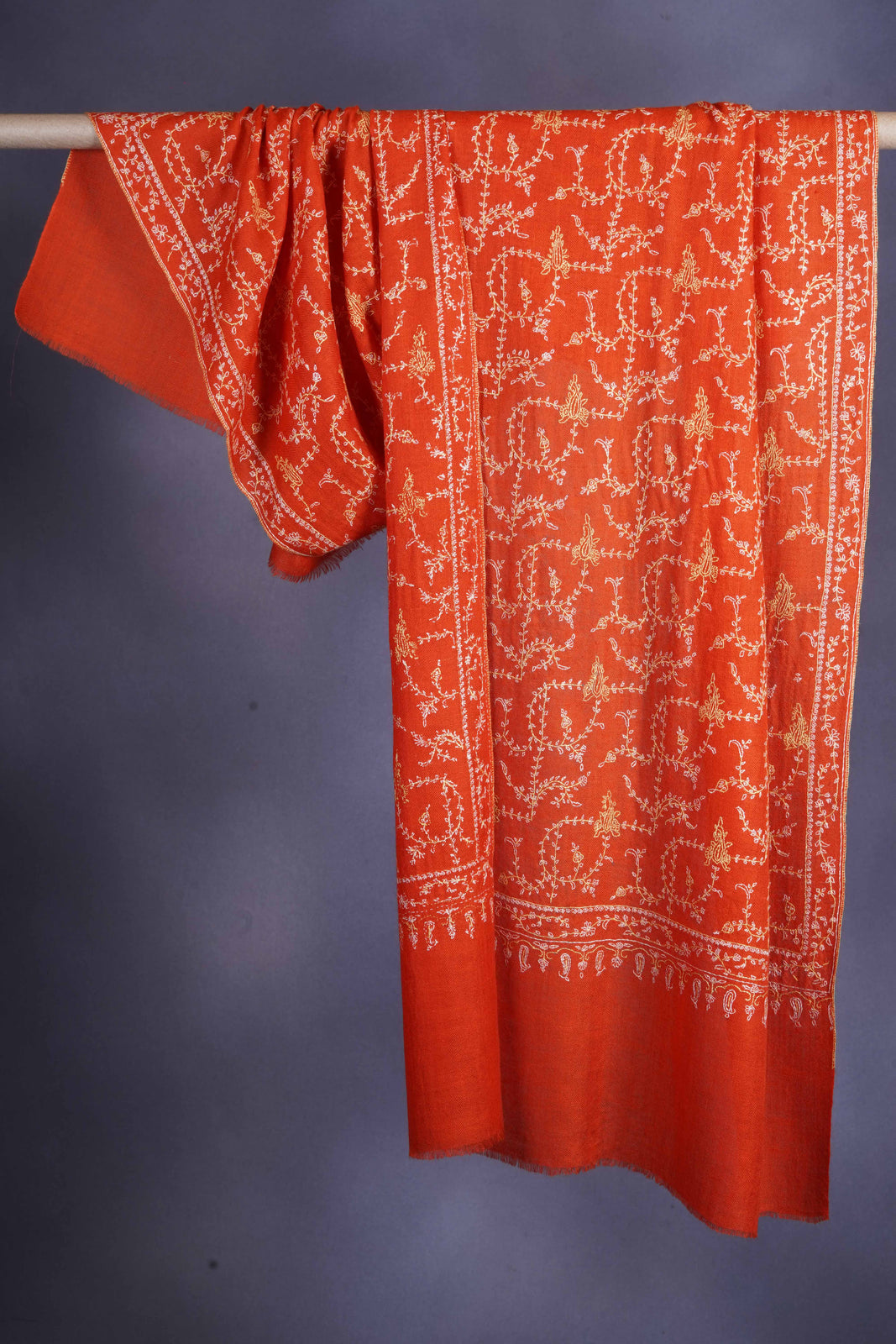Tangerine Jali Embroidery Cashmere Pashmina Scarf
