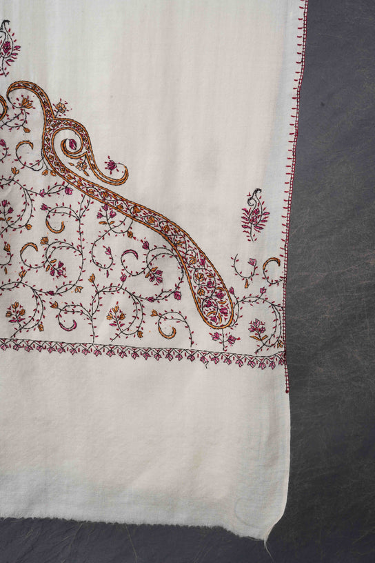 Ivory Base Big Border Sozni Embroidery Merino Wool Scarf