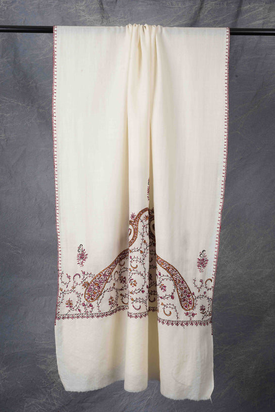 Ivory Base Big Border Sozni Embroidery Merino Wool Scarf