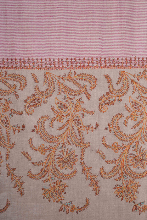 Pink and Natural Khadi Border Embroidery Cashmere Pashmina Shawl