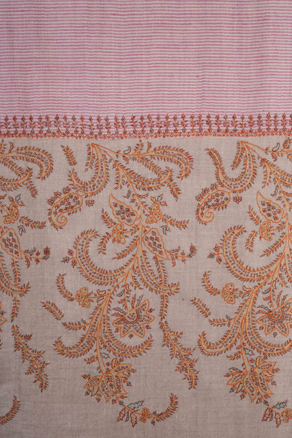 Pink and Natural Khadi Border Embroidery Cashmere Pashmina Shawl