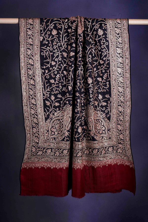 Black with Maroon Border Tilla Embroidery Pashmina Shawl