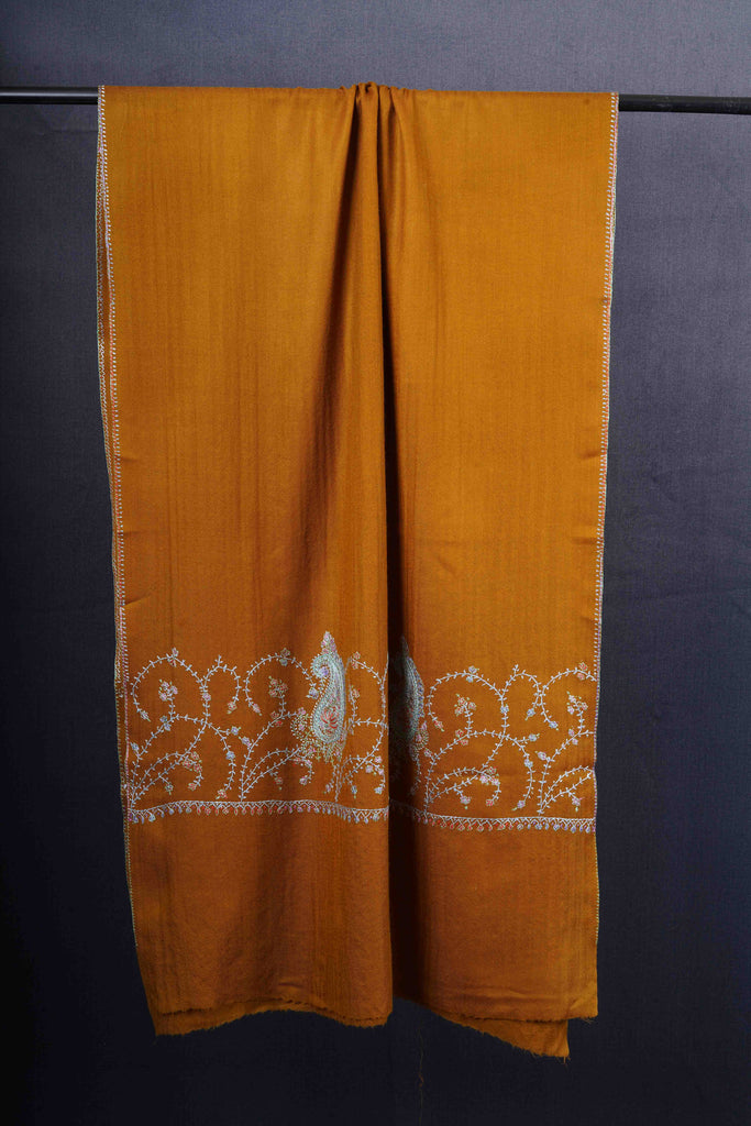 Mustard Big Border Sozni Embroidery Merino Wool Scarf